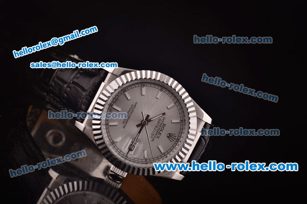 Rolex Datejust Asia 2813 Automatic Steel Case with Silver Dial and Black Leather Strap - Click Image to Close